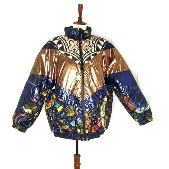 FARM RIO Puffer Jacket M Reversible Borogodo Metallic Floral Tropical Winter - Picture 4 of 15